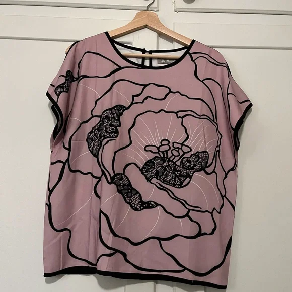 Pink / Rose Abstract Floral Line Print Cutout Sleeve Top Size Large L - Picture 1 of 6